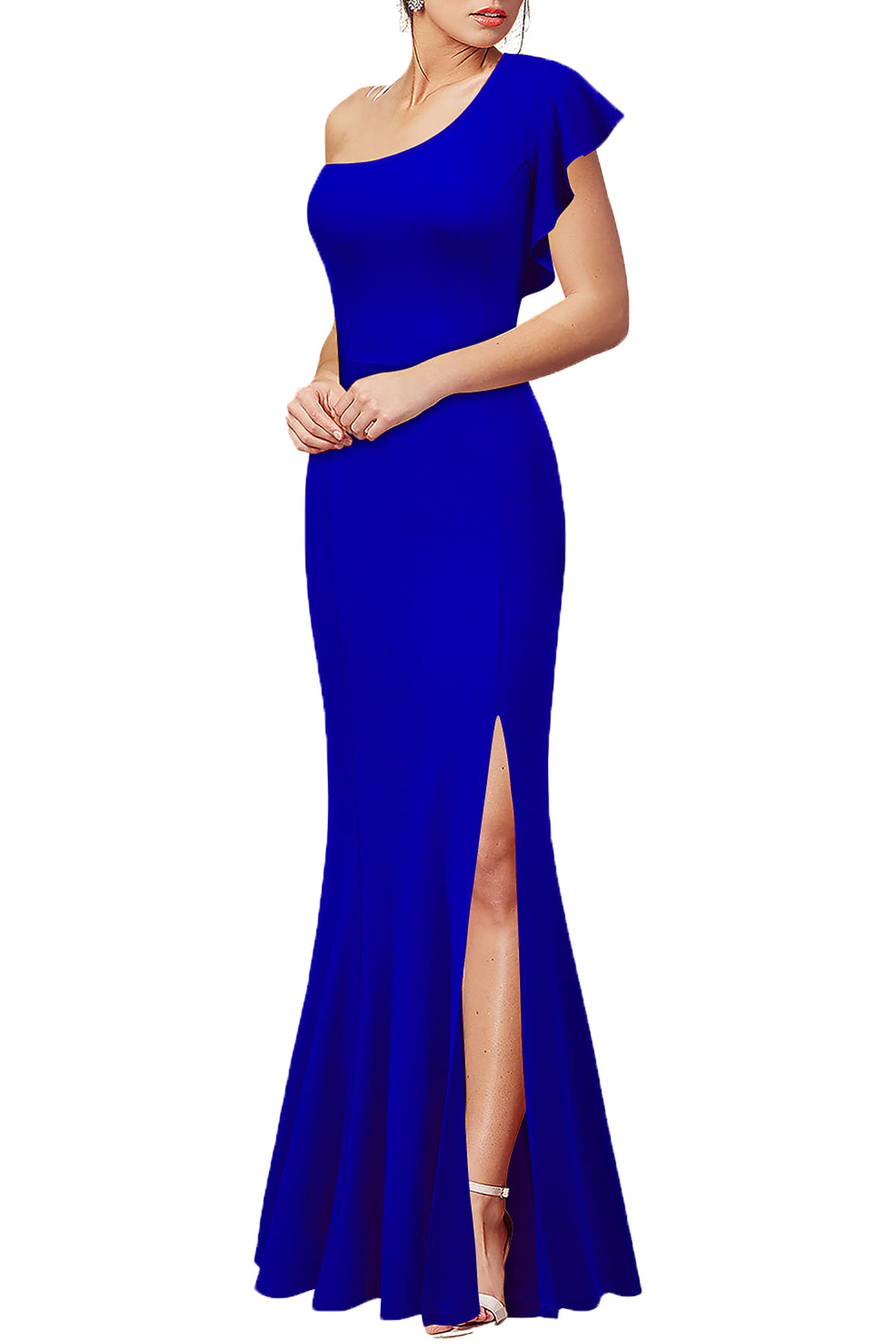Royal Blue Women's One Shoulder high Split Bodycon Mermaid Ruffle Prom Long Formal Dress